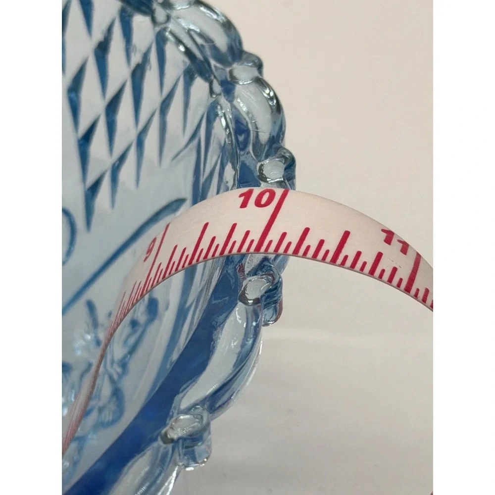 Vintage Light Blue Pressed Glass Footed Floral Diamond Bowl Scalloped Rim 10in